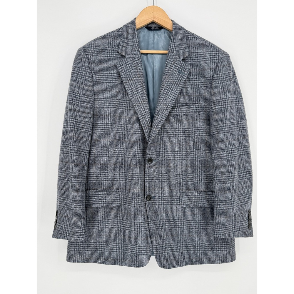Johnstons Elgin Cashmere Glen Plaid Sport Coat Men 43R Blue Grey EUC Ben Silver